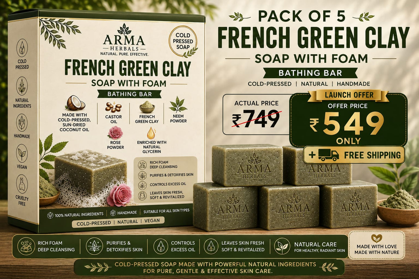 FRENCH GREEN CLAY SOAP WITH FOAM PACK OF 5